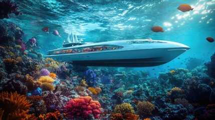 Fototapeta premium A cutting-edge underwater vessel exploring a thriving coral reef, capturing the vibrancy and diversity of marine life in its natural habitat