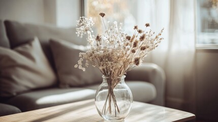 A delicate display of dried flowers in a clear glass vase, arranged simply for a clean, timeless look that enhances the peaceful, organic atmosphere