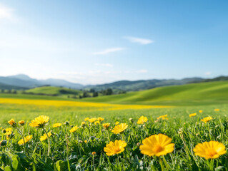 Obraz premium Rolling hills with green fields. Bright yellow flowers in lush green field under clear blue sky