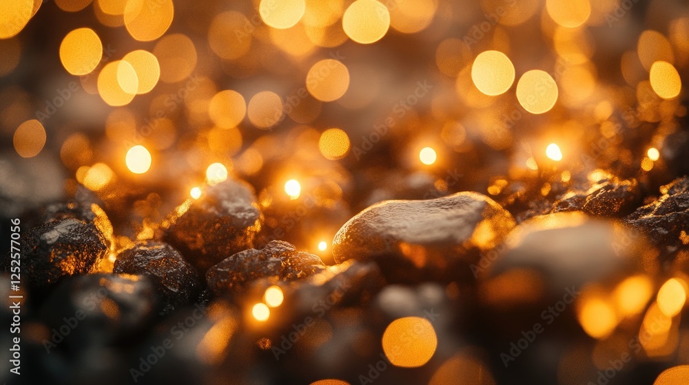 Poster a detailed shot of raw gold nuggets, sparkling under warm bokeh lights, capturing the allure of prec