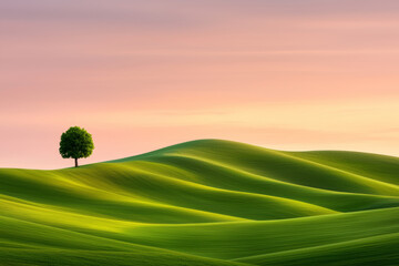 Rolling hills with green fields. Lush green hills with solitary tree under soft sunset glow