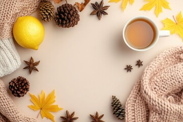 Fototapeta premium Flat lay of an autumn tea scene on a soft beige background, including a cup with lemon, yellow maple leaves, pine cones, anise, and a knitted scarf. Spacious copy space surrounds the setup.