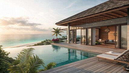 Fototapeta premium Luxury beachfront villa with infinity pool and stunning ocean views, surrounded by tropical greenery 