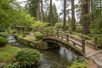Fototapeta premium Old wooden beam bridge crossing over a narrow river to a secluded and private garden, beam bridge, seclusion
