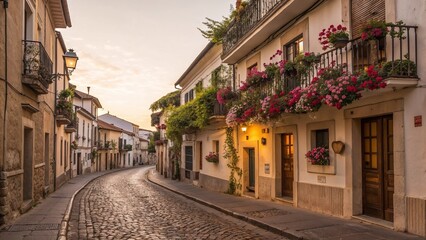 Obraz premium Charming cobblestone street lined with flower-adorned houses at sunset