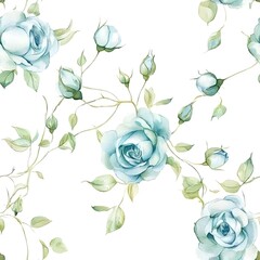 Obraz premium Seamless pattern of delicate watercolor roses in shades of blue and chartreuse
