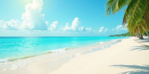 Obraz premium Serene Tropical Beach Scene Azure Waters, White Sand, and Swaying Palm Trees Under a Sunny Sky