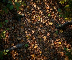 Overhead View of Forest Floor with Dried Leaves, overhead view, earthy colors