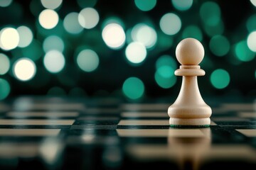A white chess pawn stands prominently on a chessboard surface