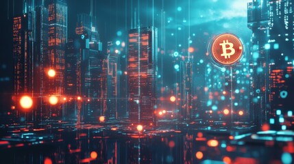 Obraz premium Virtual cryptocurrency market growth futuristic city digital artwork neon environment high-angle viewpoint blockchain revolution