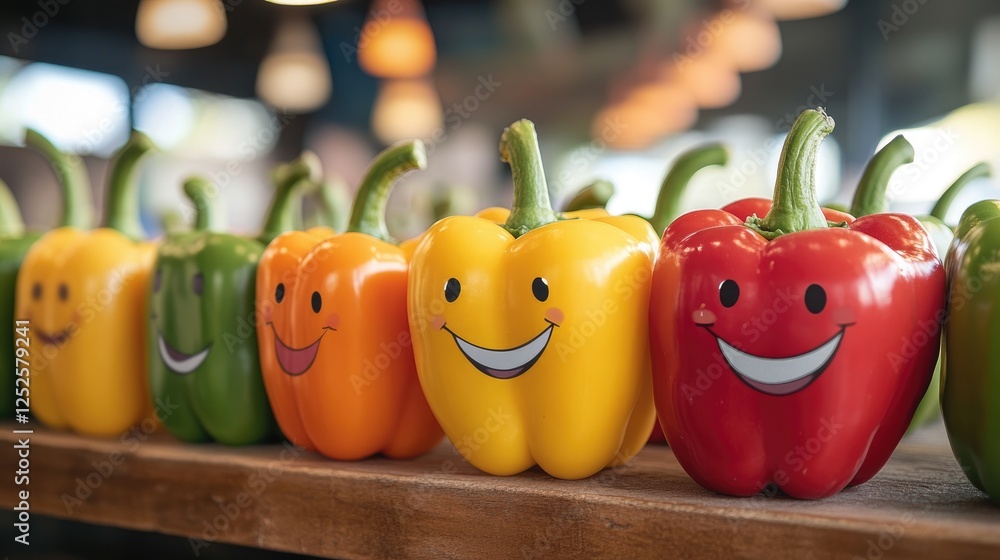 Poster a fun and vibrant scene of smiling bell peppers lined up, creating a joyful and healthy atmosphere w