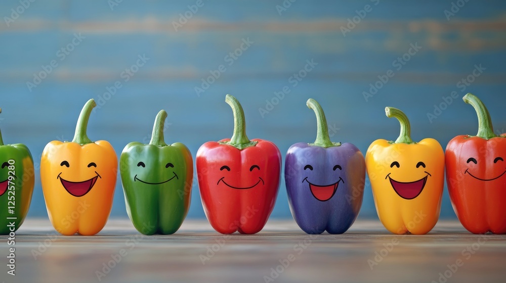 Poster a fun and vibrant scene of smiling bell peppers lined up, creating a joyful and healthy atmosphere w