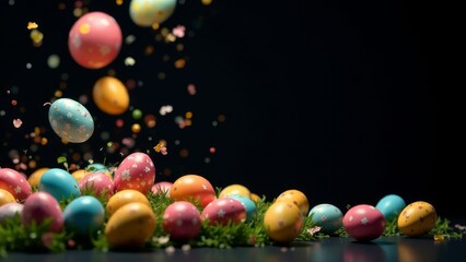 Easter eggs falling from top to bottom on a black background, space for advertising, text, words