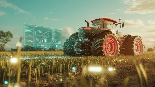 A futuristic digital tractor working in a field, with digital interfaces and connected sensors visible, highlighting the rise of smart farming solutions