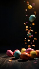 Easter eggs falling from top to bottom on a black background, space for advertising, text, words