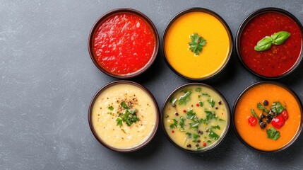 Assorted Colorful Dips and Sauces on Gray Background