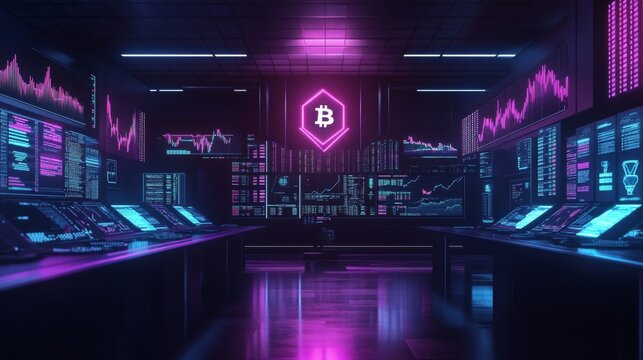 Cryptocurrency trading room futuristic digital space financial market data visualization high-tech environment immersive viewpoint blockchain concept