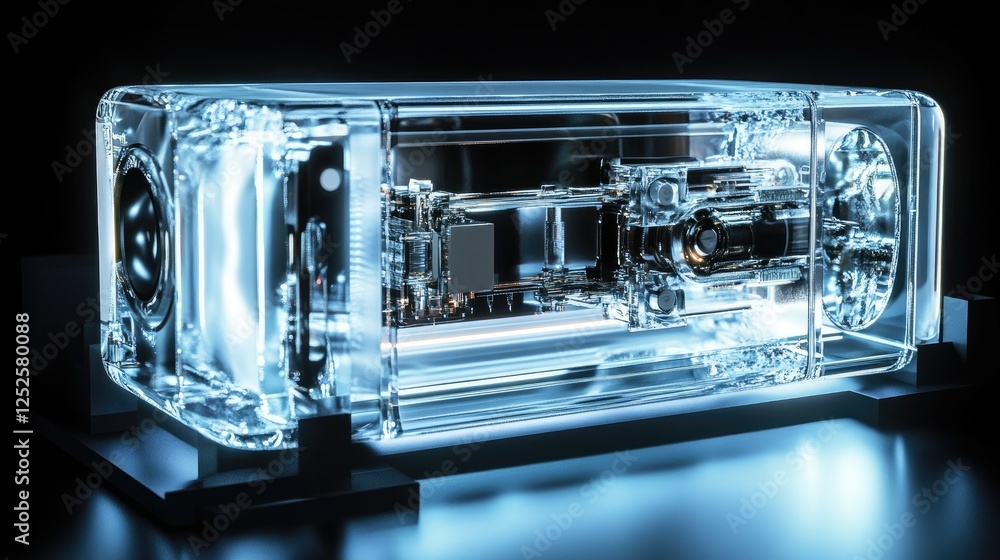 Poster a futuristic transparent device showcasing its internal components, illuminated by soft lighting to 