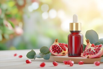 A bottle of dark red pomegranate essential oil surrounded by eucalyptus leaves and cut-open pomegranate fruits, on a blur background