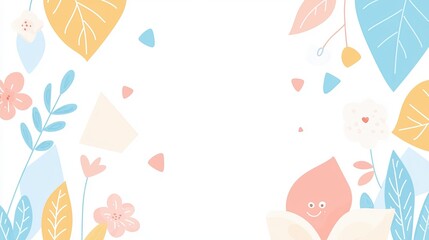 A whimsical, pastel-colored illustration featuring flowers, leaves, and geometric shapes, creating a cheerful and calming border design.