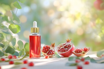 A bottle of dark red pomegranate essential oil surrounded by eucalyptus leaves and cut-open pomegranate fruits, on a blur background