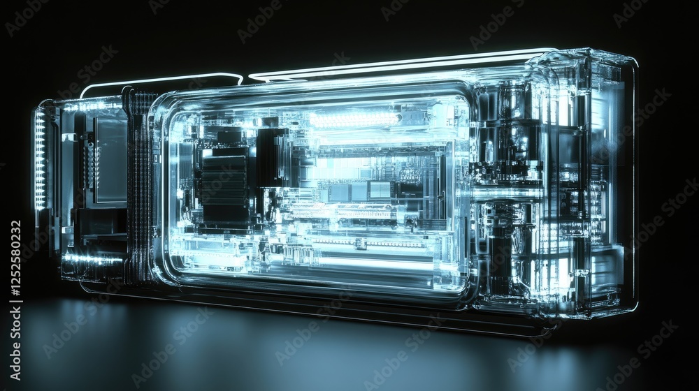 Poster A futuristic transparent device showcasing its internal components, illuminated by soft lighting to highlight the cutting-edge technology inside