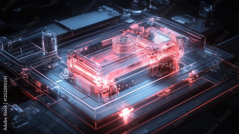 Poster A futuristic transparent device showcasing its internal components, illuminated by soft lighting to highlight the cutting-edge technology inside