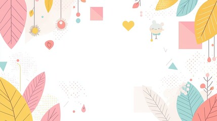 Fototapeta premium A vibrant, colorful background featuring playful leaves and geometric shapes, perfect for creative projects or invitations.