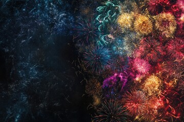 Intricate patterns of vibrant fireworks in various colors illuminating one side of a dark sky, with an expansive area of untouched darkness on the left.