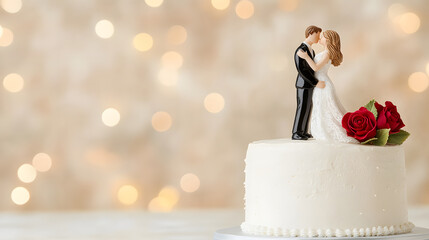 whimsical wedding cake topped with couple figurine and roses