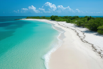 Pristine white sand beach with turquoise water, offering a perfect tropical getaway and peaceful escape.