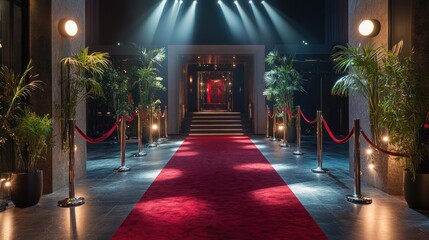 A glamorous red carpet scene with gleaming velvet ropes and dramatic spotlights, adding a sense of exclusivity and luxury to the event setting