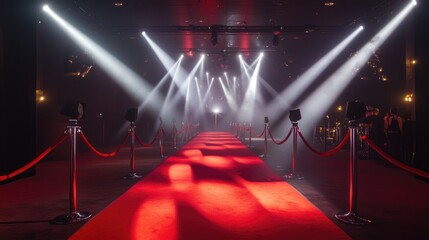 A glamorous red carpet scene with gleaming velvet ropes and dramatic spotlights, adding a sense of exclusivity and luxury to the event setting