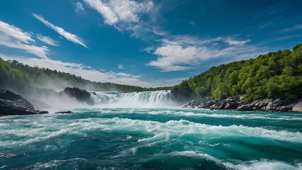 Fototapeta premium Powerful turquoise river rushing through rugged terrain, showcasing energetic rapids and crystal-clear water in a scenic landscape.