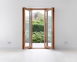 Fototapeta premium Dynamic creative workspace. modern wooden window opening to lush green garden view