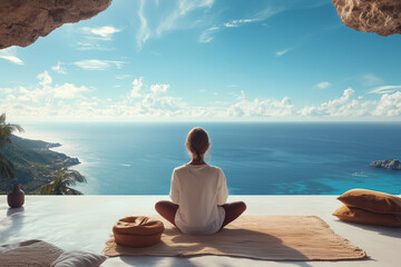Fototapeta premium Woman meditating with a breathtaking ocean view 