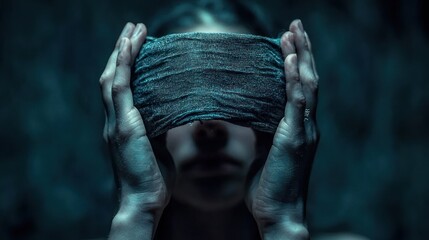 Hands holding a blindfold in a symbolic gesture.