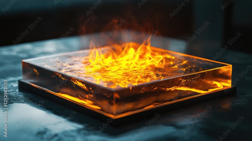 Poster a glowing glass platform with an internal fire, casting a warm, vibrant glow, creating an elegant an