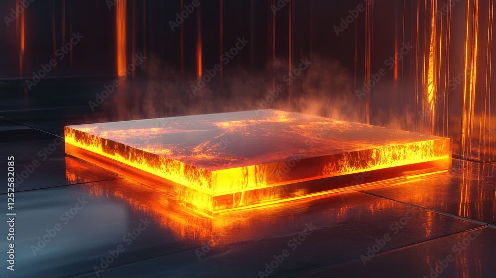 Poster a glowing glass platform with an internal fire, casting a warm, vibrant glow, creating an elegant an