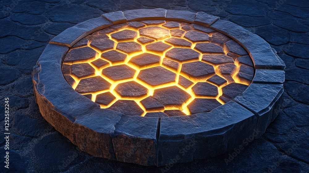 Poster A glowing hexagonal pattern illuminated on a circular stone platform, casting soft, warm light and creating an intricate, captivating geometric design