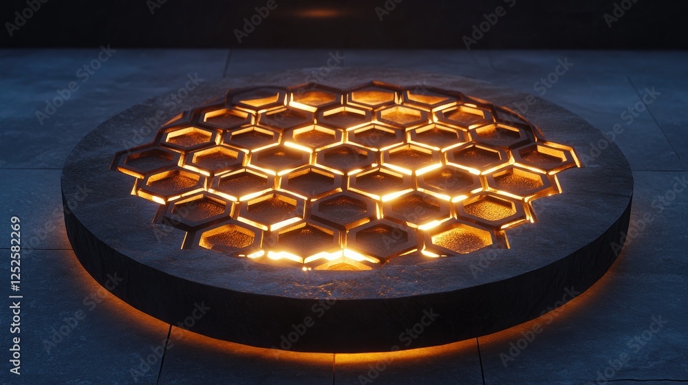Poster A glowing hexagonal pattern illuminated on a circular stone platform, casting soft, warm light and creating an intricate, captivating geometric design