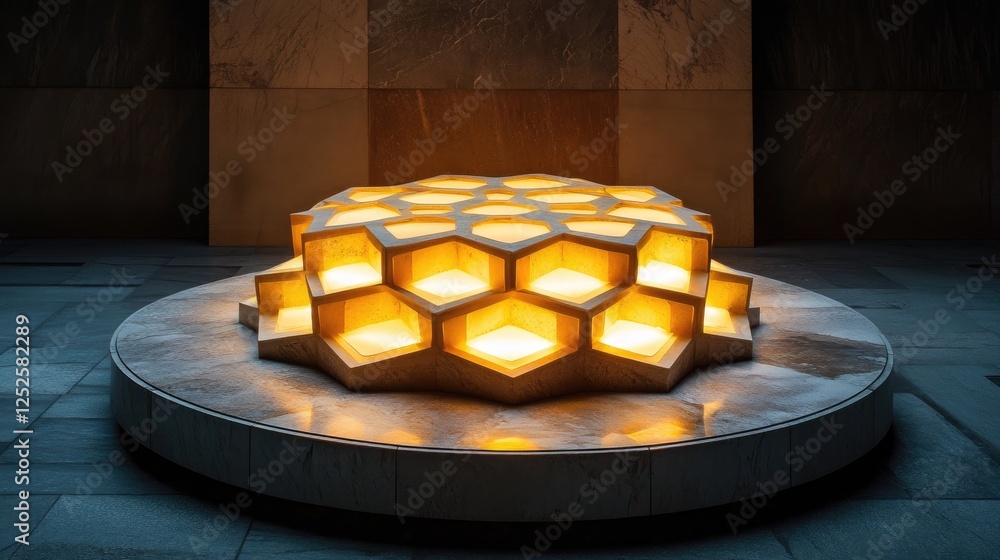 Poster A glowing hexagonal pattern illuminated on a circular stone platform, casting soft, warm light and creating an intricate, captivating geometric design