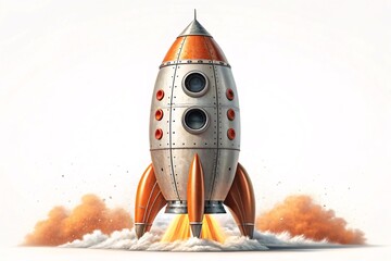 "Retro Silver Rocket Ship with Orange Accents and Flames on White Background"