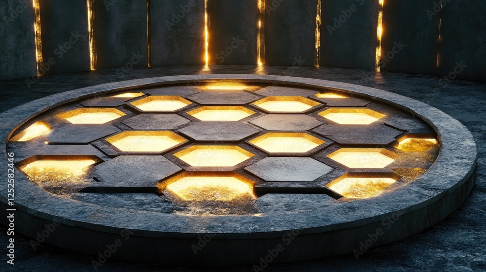 Poster A glowing hexagonal pattern illuminated on a circular stone platform, creating a mesmerizing and futuristic design with soft light accents