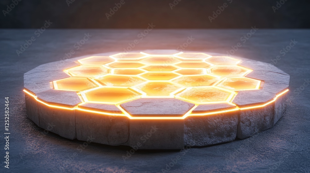Poster A glowing hexagonal pattern illuminated on a circular stone platform, creating a mesmerizing and futuristic design with soft light accents