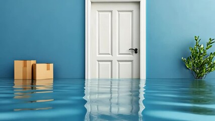 Water floods a room with a white door, cardboard boxes, and a plant, indicating a serious plumbing issue or natural disaster