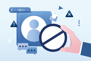 Blocked user or account in network. Restricted and prohibition forbidden access. blocking disturbing and annoying accounts on social media. Account profile in prohibition symbol.