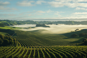 Fototapeta premium Rolling hills of farmland with neat rows of crops, showcasing the harmony of agricultural landscapes.