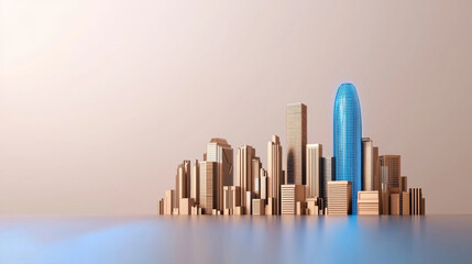 Digital transformation business model innovation. Modern city skyline with futuristic buildings and reflections