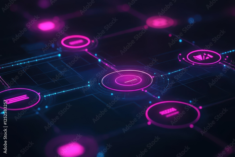 Poster futuristic digital interface with radiant glowing circles and spherical elements creating a high-tec